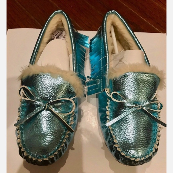 J.CREW GIRLS' METALLIC MOCCASINS SIZE K5 METALLIC BLUE J8032 - Picture 3 of 8